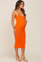 Orange Ribbed Sweetheart Neck Maternity Midi Dress