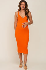 Orange Ribbed Sweetheart Neck Maternity Midi Dress