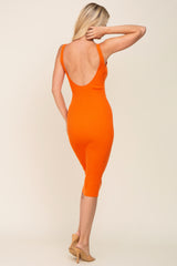 Orange Ribbed Sweetheart Neck Midi Dress