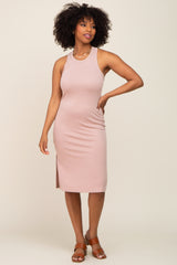 Mauve Ribbed Side Slit Midi Dress