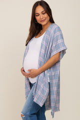 Blue Plaid Frayed Hem Maternity Cover Up