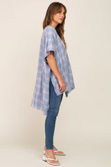 Blue Plaid Frayed Hem Cover Up