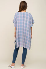 Blue Plaid Frayed Hem Cover Up