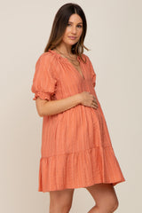 Salmon Striped Tiered Maternity Dress