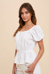 Off White Pin Tuck Peplum Peasant Blouse