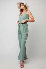 Sage Green Soft Washed Twill Button Down Jumpsuit