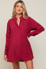 Burgundy Pinstriped Button-Down Linen Maternity Dress