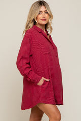 Burgundy Pinstriped Button-Down Linen Maternity Dress