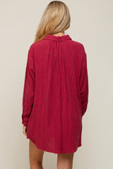 Burgundy Pinstriped Button-Down Linen Maternity Dress