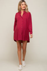 Burgundy Pinstriped Button-Down Linen Maternity Dress