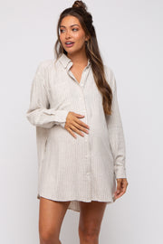 Beige Pinstriped Button-Down Linen Maternity Dress