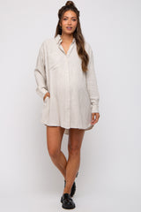 Beige Pinstriped Button-Down Linen Maternity Dress