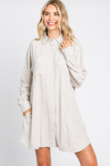 Beige Pinstriped Button-Down Linen Maternity Dress