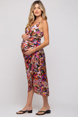 Multicolor Floral Lace Up Wrap Maternity Midi Dress