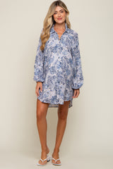 Blue Paisley Print Button Down Long Sleeve Maternity Dress