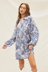 Blue Paisley Print Button Down Long Sleeve Dress