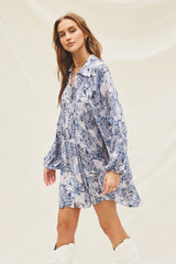 Blue Paisley Print Button Down Long Sleeve Dress