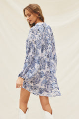 Blue Paisley Print Button Down Long Sleeve Dress