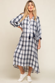 Ivory Plaid 3/4 Sleeve Maternity Midi Dress