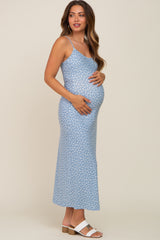 Blue Floral Knit Sleeveless Maternity Maxi Dress