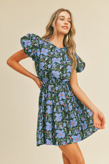 Blue Floral Print Cut Out Mini Dress