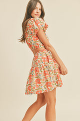 Coral Floral Print Cut Out Mini Dress