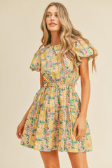 Yellow Floral Print Cut Out Mini Dress