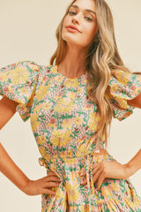 Yellow Floral Print Cut Out Mini Dress