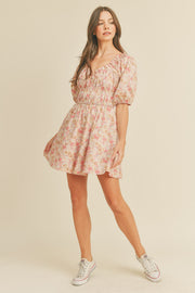 Pink Floral Sweetheart Neckline Mini Dress