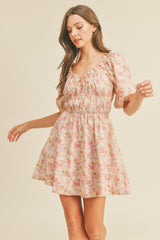 Pink Floral Sweetheart Neckline Mini Dress