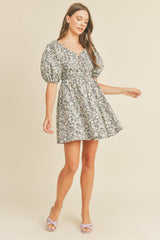 Navy Floral Sweetheart Neckline Mini Dress