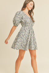 Navy Floral Sweetheart Neckline Mini Dress