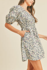 Navy Floral Sweetheart Neckline Mini Dress