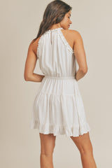 White Ruffled Halter Neck Tiered Woven Mini Dress