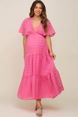 Pink Gingham Chiffon Tiered Maternity Midi Dress