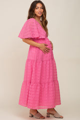 Pink Gingham Chiffon Tiered Maternity Midi Dress