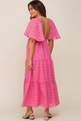 Pink Gingham Chiffon Tiered Maternity Midi Dress