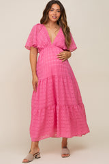 Pink Gingham Chiffon Tiered Maternity Midi Dress