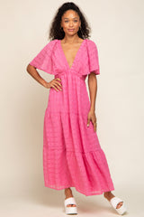 Pink Gingham Chiffon Tiered Maternity Midi Dress