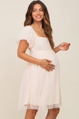 Beige Tulle Puff Sleeve Maternity Dress