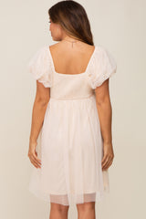 Beige Tulle Puff Sleeve Maternity Dress