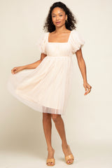 Beige Tulle Puff Sleeve Maternity Dress