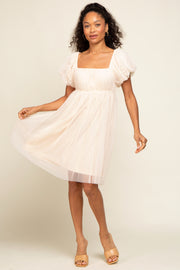 Beige Tulle Puff Sleeve Dress