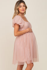 Light Mauve Tulle Puff Sleeve Maternity Dress