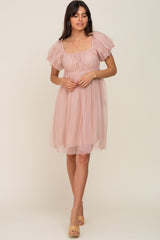 Light Mauve Tulle Puff Sleeve Dress