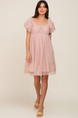 Light Mauve Tulle Puff Sleeve Dress