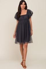 Charcoal Tulle Puff Sleeve Dress