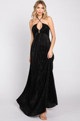 Black Plisse Halter Back Tie Maternity Maxi Dress