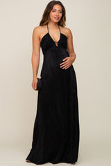 Black Plisse Halter Back Tie Maternity Maxi Dress