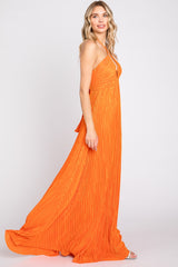 Orange Plisse Halter Back Tie Maxi Dress